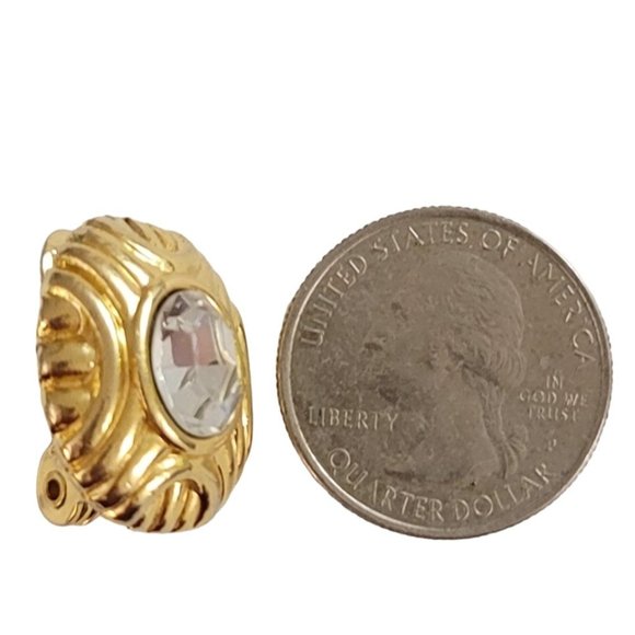 Monet Gold Tone Oval Clear Glass Rhinestone Center Clip-On Earrings, Signed K987 - Picture 7 of 9